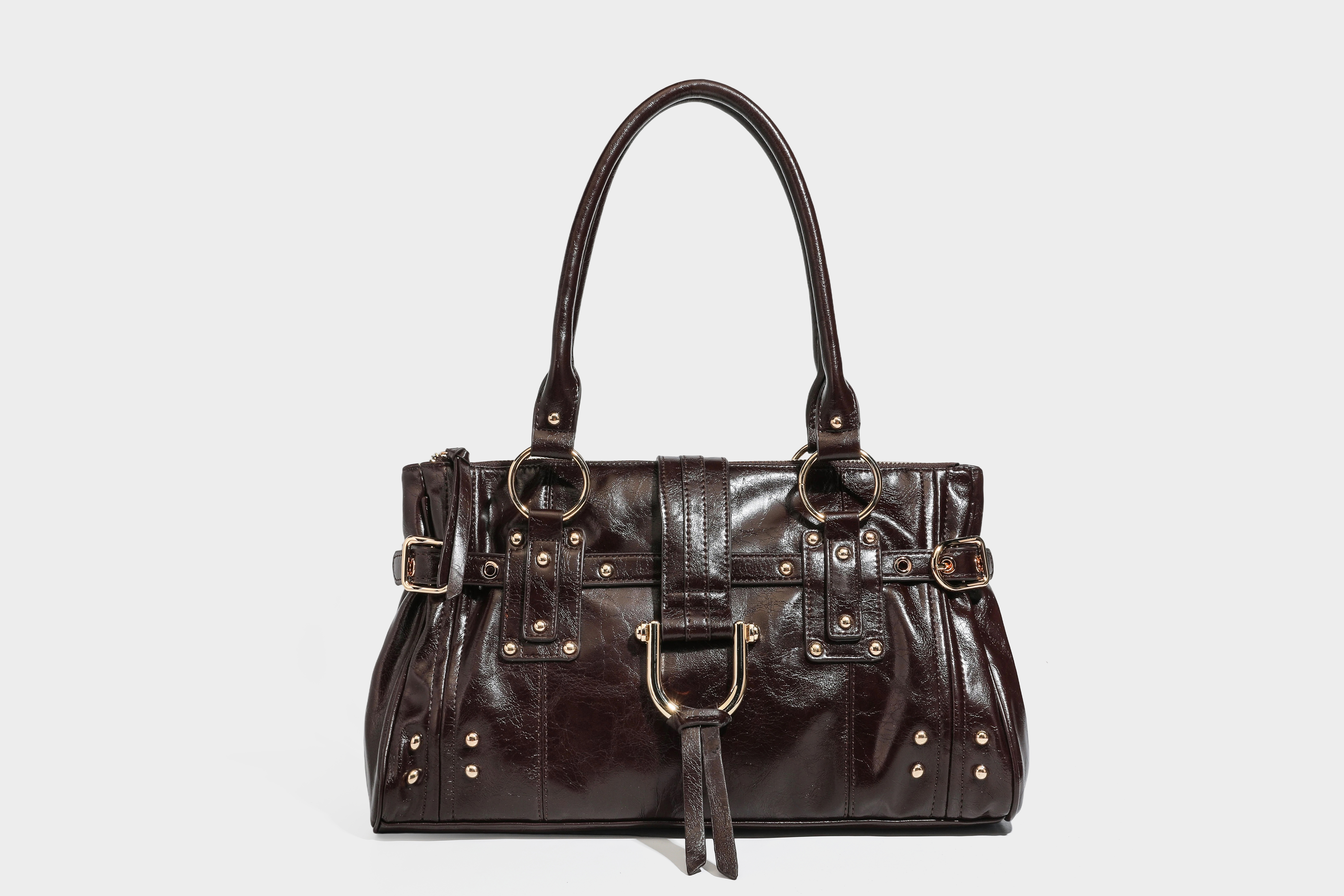 SQ9018 Glossy PU Rivet Shoulder Tote Bag