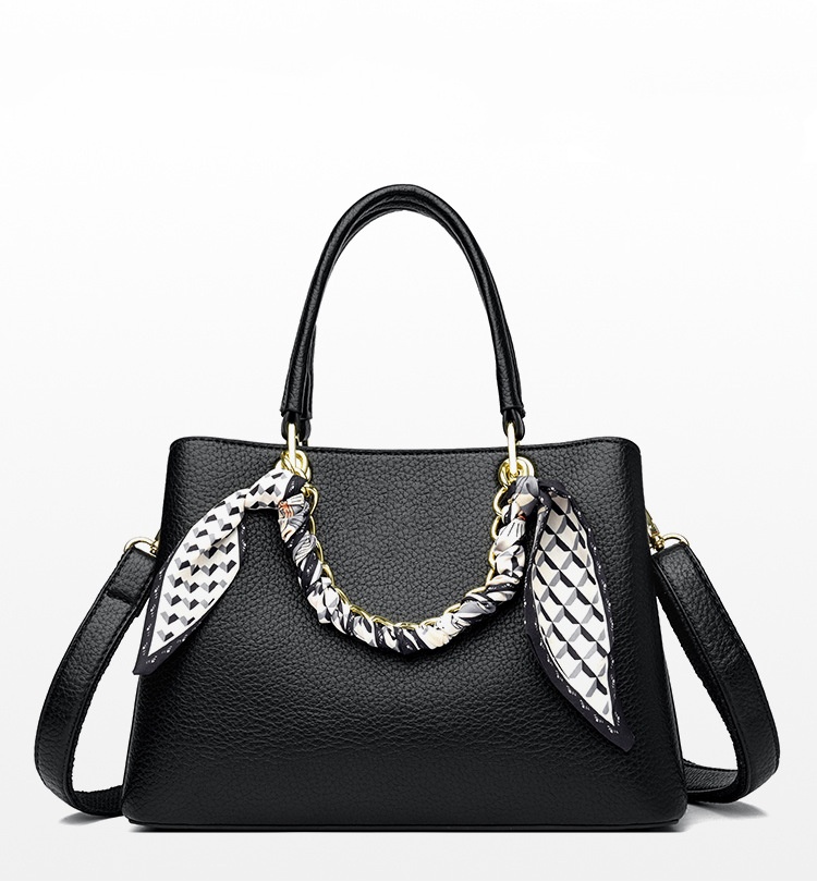 LD26001 Black Pebbled PU Satchel Handbag with Scarf Detail