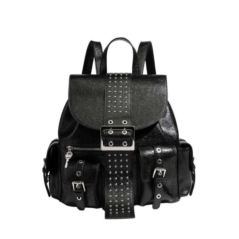 LD26007 Black Studded PU Backpack with Buckle Flap