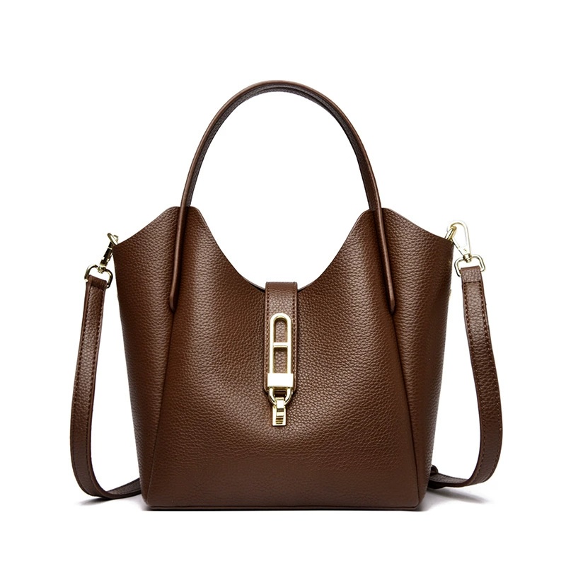 LD26019 Brown Pebbled PU Bucket Handbag with Metal Clasp