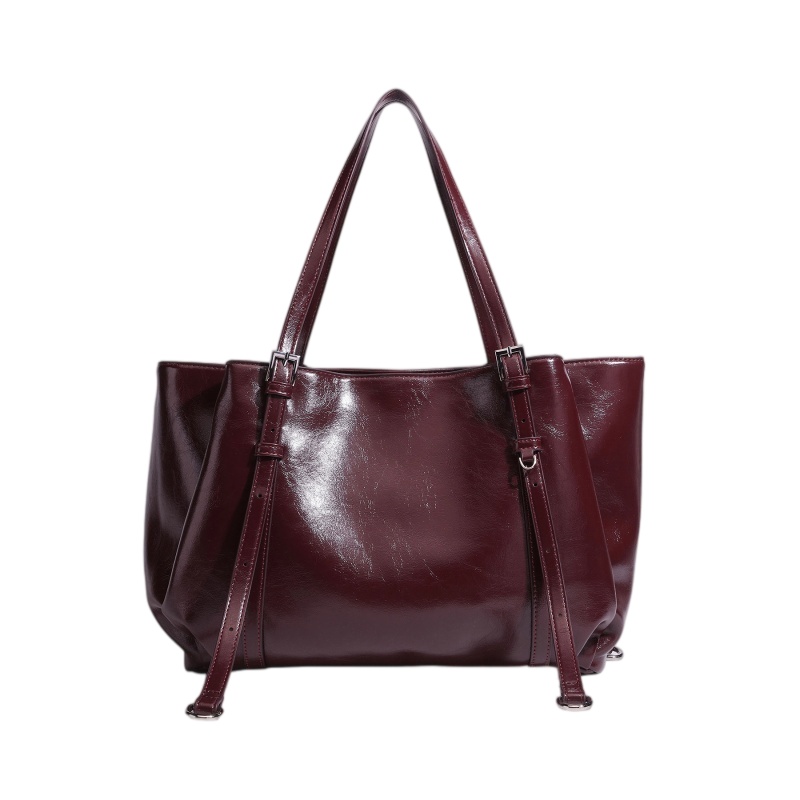 Burgundy glossy PU shoulder tote bag front view.JPG
